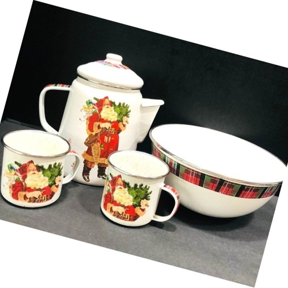 NEW Hallmark Christmas Enamel Old World Santa Claus Coffee Set RETIRED 4 Pieces